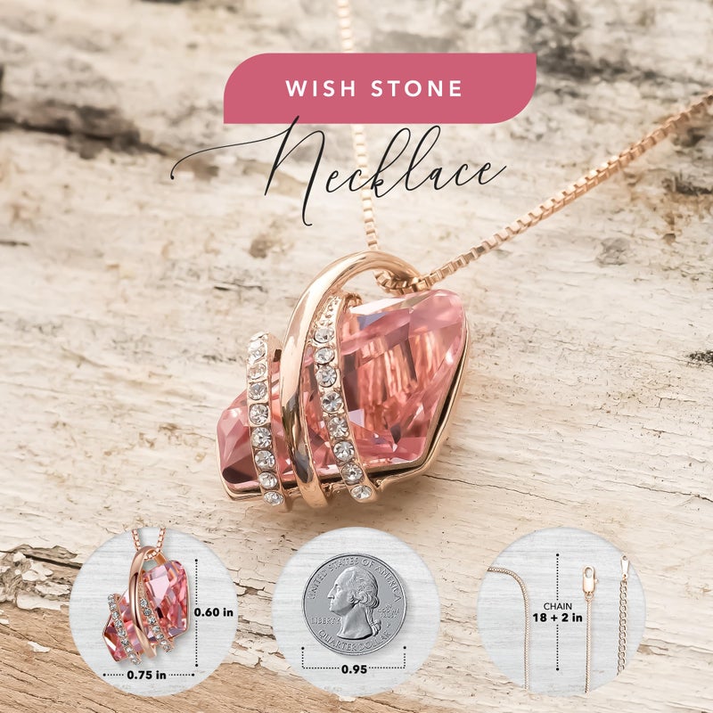 Leafael Wish Stone Pendant Necklace with Vintage Pink Birthstone Crystal for October, 18K Rose Gold Plated, 18" + 2" Chain - Image 3